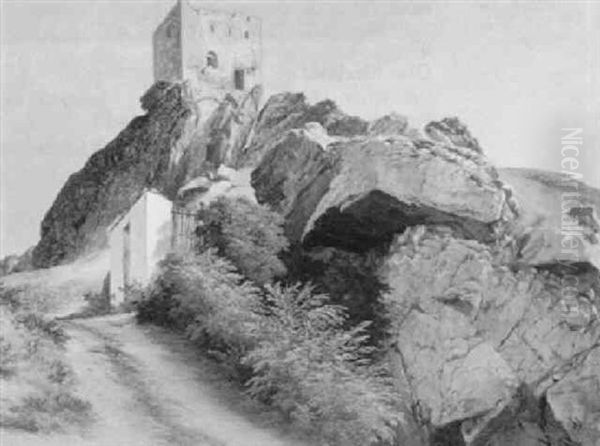 Die Ruine Am Felsen Oil Painting by Karl Franz Emanuel Haunold