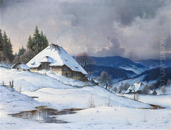 Stormy Weather In The Snow-covered Black Forest Oil Painting by Karl Hauptmann