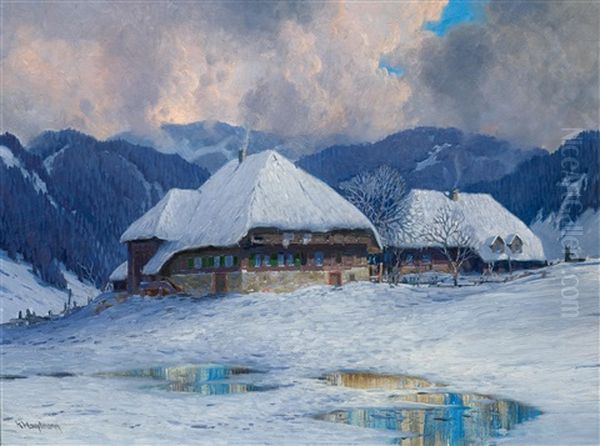 Two Black Forest Houses In Winter Oil Painting by Karl Hauptmann