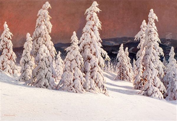 Winter Landscape With Fir Trees At The Black Forest Oil Painting by Karl Hauptmann