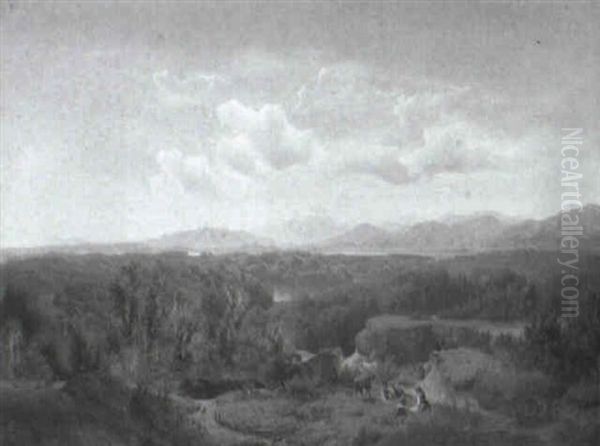 Goat Herders In An Expansive Landscape Oil Painting by Maximilian Haushofer