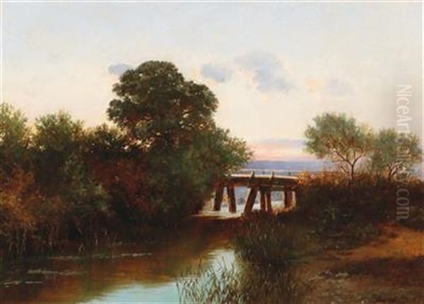 Sunset Over A Landscape With River Oil Painting by Franz Haeussler