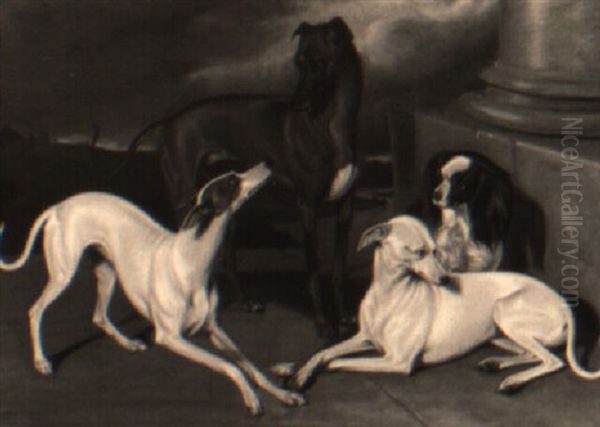 Three Whippets And A King Charles Spaniel In A Landscape Oil Painting by Edmund Havell Jnr.