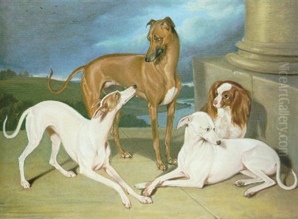 Whippets And A King Charles Spaniel On The Steps Of A Country House Oil Painting by Edmund Havell Jnr.