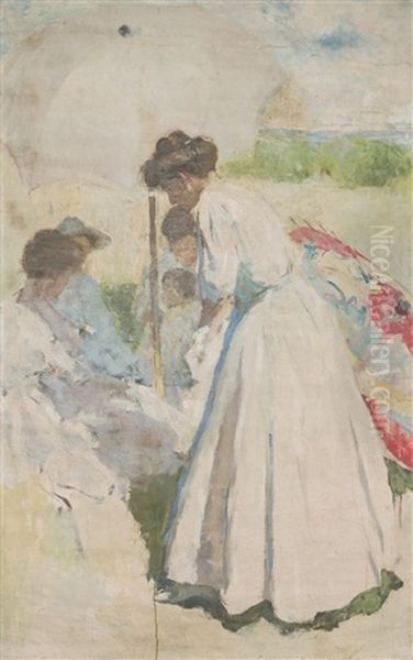 Women And Figures Under White Umbrella, Man Carrying Two Cheeses (double Sided) Oil Painting by Charles Hawthorne