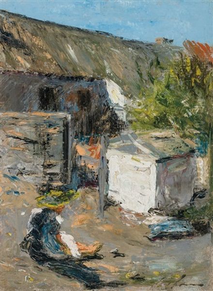 Seated Outdoor Figure Beside Structures Oil Painting by Charles Hawthorne