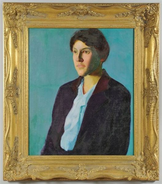 Half-length Portrait Of A Woman With Dark Hair Wearing A Ruffled Light Blue Shirt And Dark Jacket With Reddish Collar Oil Painting by Charles Hawthorne