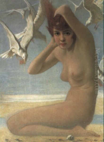 Kvinde Og M+ger Pa Stranden Oil Painting by Peter Alexander Hay