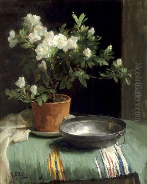Still Life Of A Azalea And A Tin Dish On A Table Oil Painting by Constantia Arnola Balwe