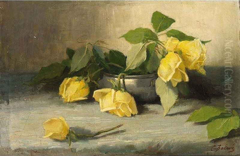 A Still Life With Yellow Roses In A Pewter Pot Oil Painting by Constantia Arnola Balwe