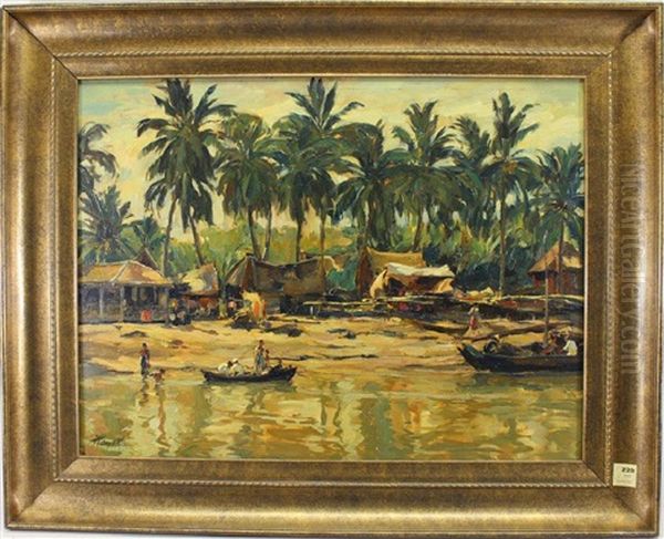 Indonesian River With Figures Oil Painting by Hans von Hayek