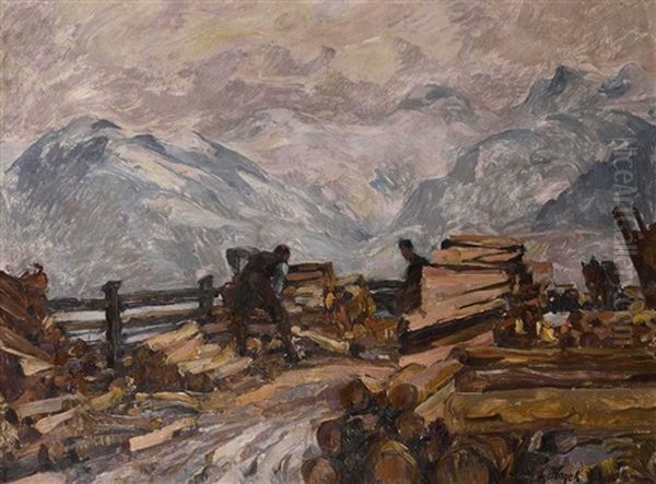 Holzarbeiter Vor Gebirgskulisse Oil Painting by Hans von Hayek