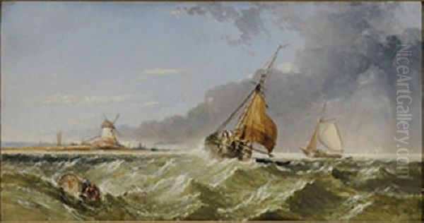 Shipping Off A Stormy Coast With Windmill Oil Painting by Edward Hayes