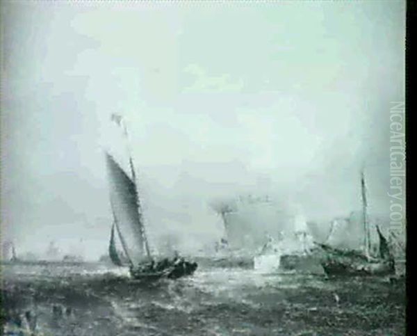 A Sailing Barge Passing A Ship Yard Oil Painting by Edwin Hayes