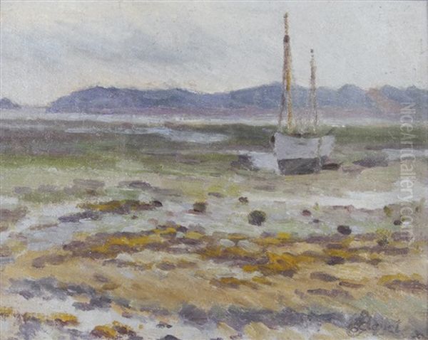 Bateau Echoue A Maree Basse : Paysage Maritime De Bretagne Oil Painting by Louis Hayet