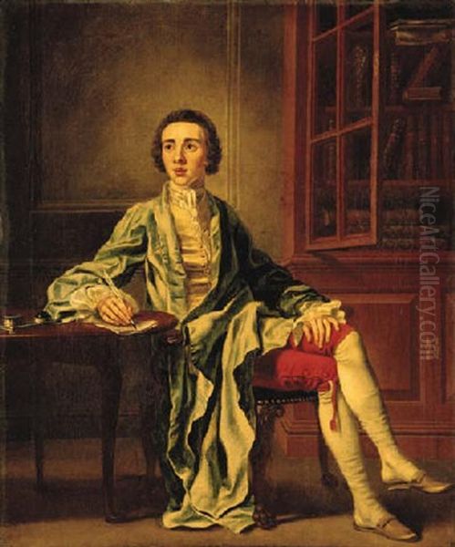 Portrait Of Joseph Henry Of Straffan, Co. Kildare, Seated At A Table Writing A Letter, In A Blue Coat, Yellow Waistcoat And Red Breeches, Beside A Bookcase Oil Painting by Francis Hayman