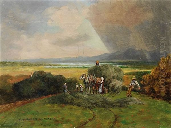 Heuernte In Voralpenlandschaft Oil Painting by Ernst Haymann