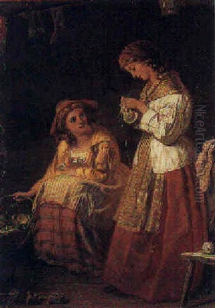 Interior Med To Unge Piger Oil Painting by John Haynes-Williams