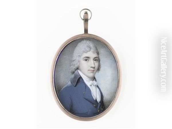 A Gentleman, Wearing Blue Double-breasted Coat With Black Collar, White Waistcoat, Chemise, Stock And Tied Cravat, His Hair Powdered Oil Painting by Charles Hayter