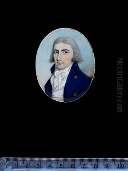 A Gentleman, Wearing Blue Coat With Brass Buttons, White Waistcoat, Green-striped Solitaire And Tied White Cravat, His Hair Powdered Oil Painting by Thomas Hazlehurst