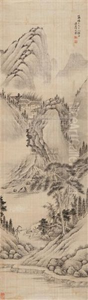 Landscape, Figures And Cottages Oil Painting by  He Weipu