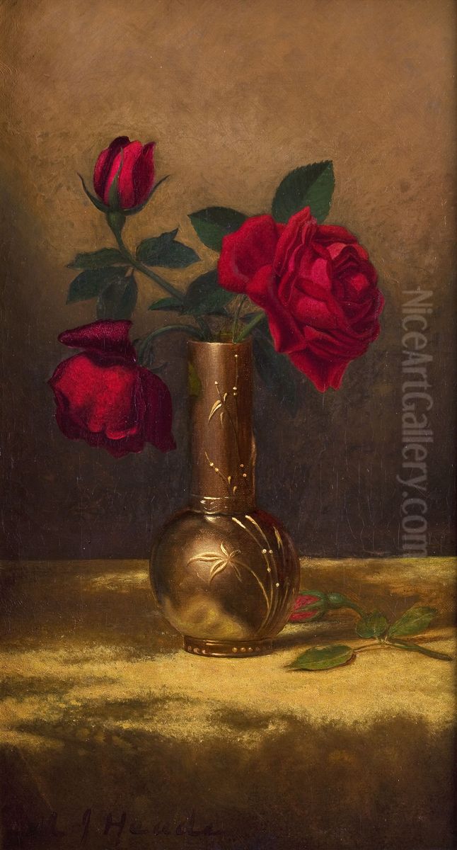 Red Roses In A Japanese Vase On A Gold Velvet Cloth Oil Painting by Martin Johnson Heade