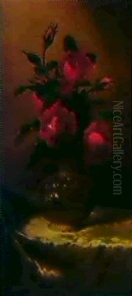 Red Roses In A Transparent Vase On Yellow Velvet Oil Painting by Martin Johnson Heade