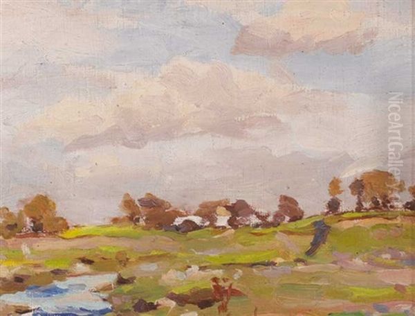 Cottage And River Flats, Near Dublin Oil Painting by Michael Healy