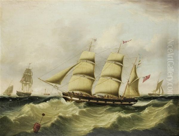 The Inward Bound Liverpool Barque John Tomkinson Portrayed In Two Views Boarding Her Pilot In The River Mersey's Formby Channel Oil Painting by Joseph Heard