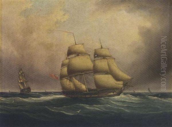 An Armed Merchantman And Royal Naval Two-decker Oil Painting by Joseph Heard