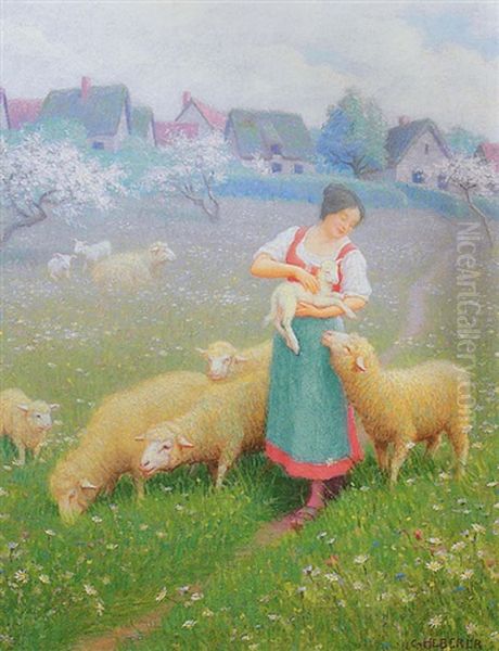 Shepherdess With Flock Of Sheep In Spring Landscape Oil Painting by Charles Heberer