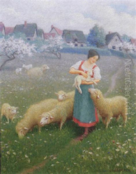 Shepherdess With Flock In Spring Landscape Oil Painting by Charles Heberer