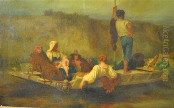 Folks Fleeing By Canal Boat Oil Painting by Antoine Auguste Ernest Hebert