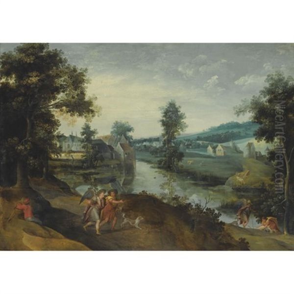A Wooded Landscape With Scenes From The Story Of Tobias And The Angel Oil Painting by Claes Dircksz van der Heck