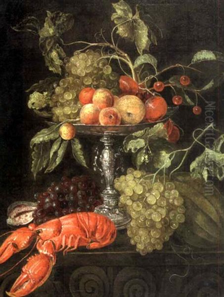 Coupe De Fruits, Raisins Et Homard Sur Une Table Oil Painting by Jan van den Hecke the Elder