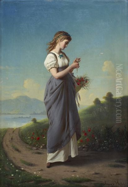 Young Woman Picking Flowers Oil Painting by August Von Heckel