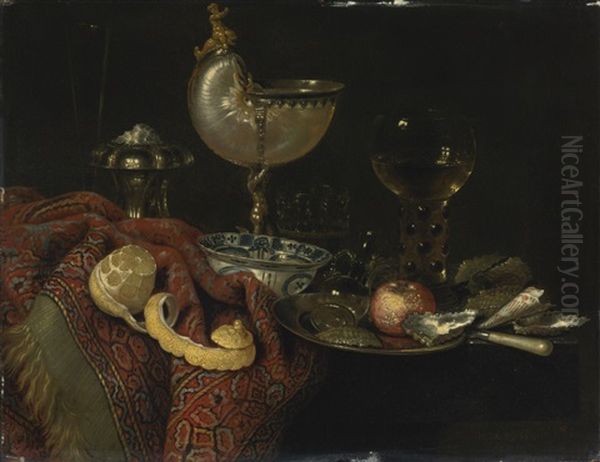Still Life Of Oysters, A Nautilus Cup, A Roemer, Lemon And Other Objects Oil Painting by Willem Claesz Heda