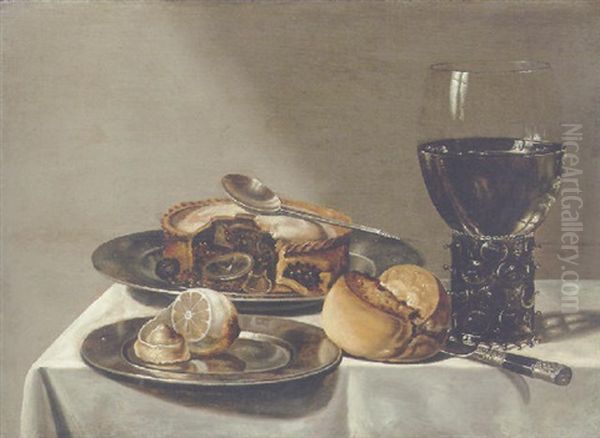 A Roemer, A Pie With A Spoon And A Peeled Lemon On Pewter Plates, A Breadroll And A Knife On A Draped Table Oil Painting by Willem Claesz Heda
