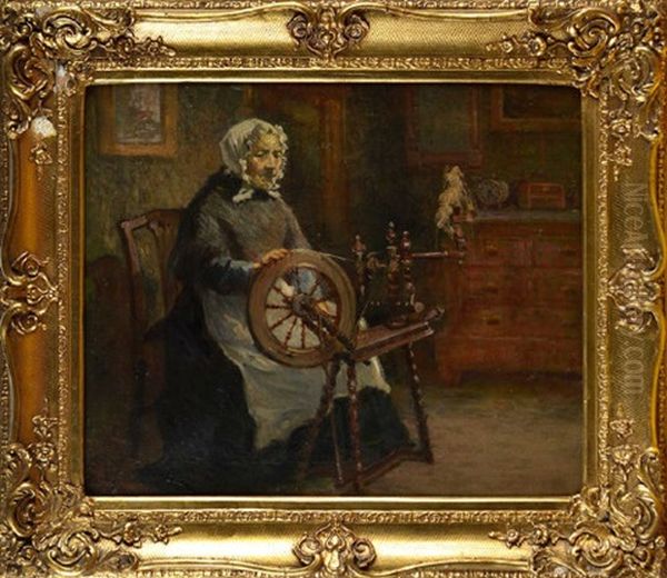 A Room Interior With A Woman Seated At A Spinning Wheel Oil Painting by Ralph Hedley
