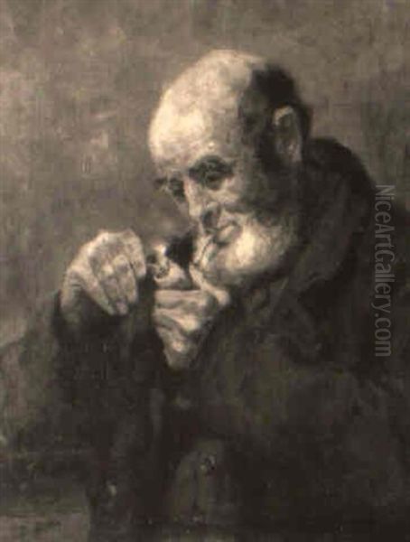 An Old Man Lighting His Pipe Oil Painting by Ralph Hedley