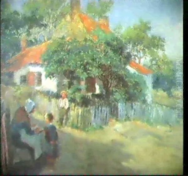 Hylton Ferry-an Old Woman Reading To Two Children Oil Painting by Ralph Hedley