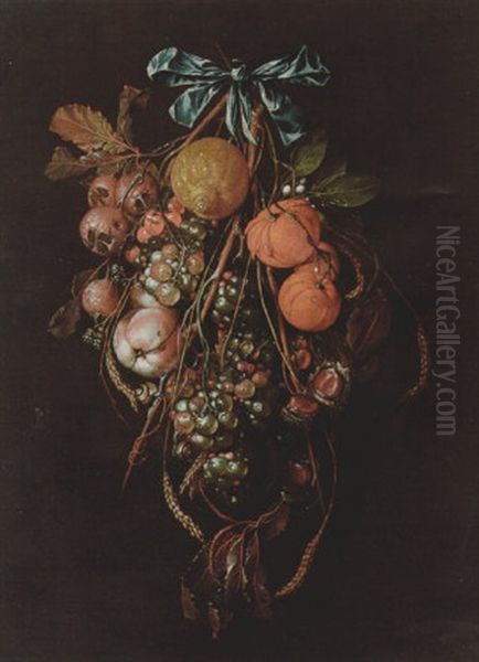 A Swag Of Medlars, Peaches, Grapes, Oranges, A Lemon, Horse Chestnuts, Snails And Ears Of Wheat Suspended From A Bow Oil Painting by David Davidsz. de Heem the Younger
