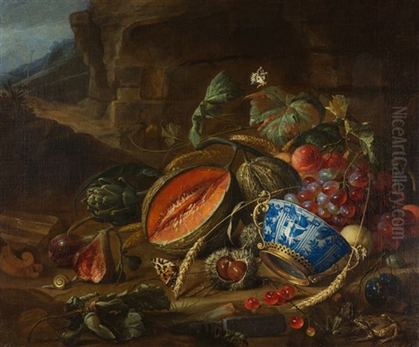 Fruchtestillleben Mit Einer Wan-li Schale In Einer Landschaft Oil Painting by Cornelis De Heem