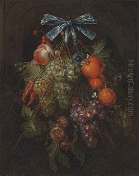 A Swag Of Grapes, Peaches, Tangerines, Chillies, Morning Glory, Blackberries And Other Fruits Hanging From A Bow, In A Stone Niche Oil Painting by Cornelis De Heem