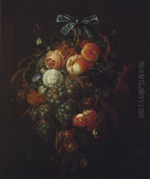 Stilleben Mit Einem Blumenstraus Und Fruchten Sowie Zwei Schnecken Und Einer Kleinen Spinne Oil Painting by Cornelis De Heem