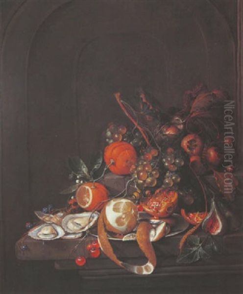 Nature Morte Aux Raisins, Citron, Oranges Et Nefles Sur Un Entablement Oil Painting by Cornelis De Heem