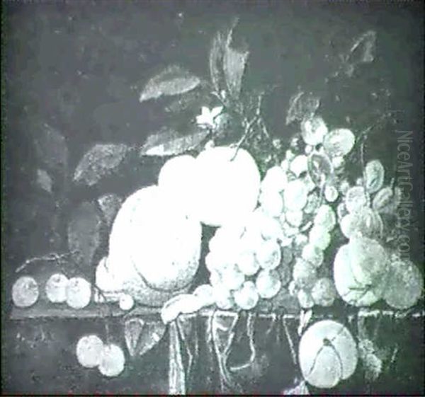 Grapes, Peaches, Cherries, And A Peeled Lemon On A Draped   Ledge Oil Painting by Cornelis De Heem