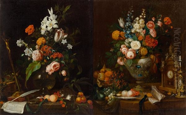 Pair Of Works: Floral Still-lifes With Vanitas Elements Oil Painting by Jan Davidsz De Heem
