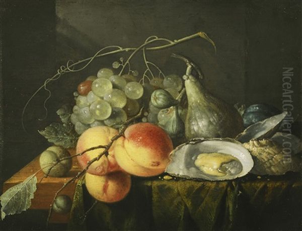 Still Life With Peaches, Figs, Plums, Grapes And Oysters Upon A Wooden Table Top Oil Painting by Jan Davidsz De Heem