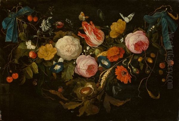 A Garland Of Flowers, Fruit And Nuts, Attached To Nails By Blue Ribbons Oil Painting by Jan Davidsz De Heem